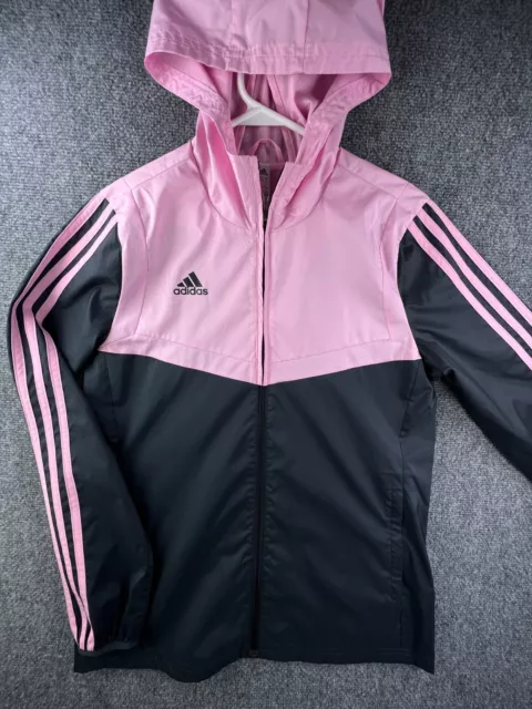 Adidas Jacket Womens Small Pink Black Full Zip Long Sleeve Hooded Windbreaker