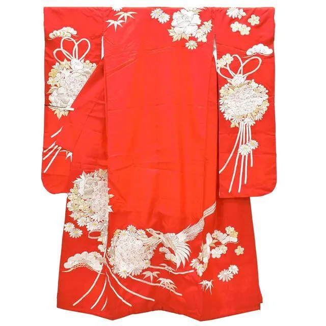 Japanese Silk Kimono Vintage Furisode Gold Orange Flower Grass Bird Pine 68"