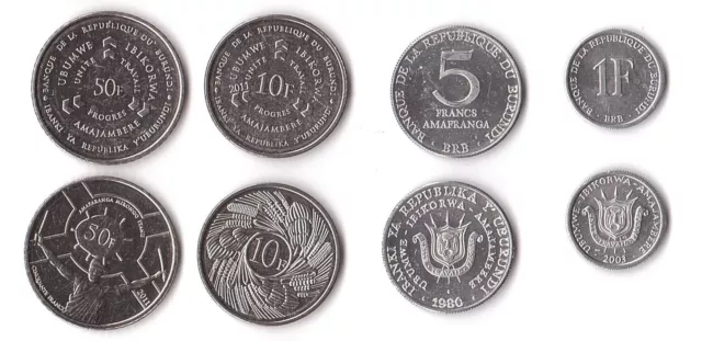 Burundi - 1 + 5 + 10 + 50 Francs 1980 - 2011 UNC - KMS Satz