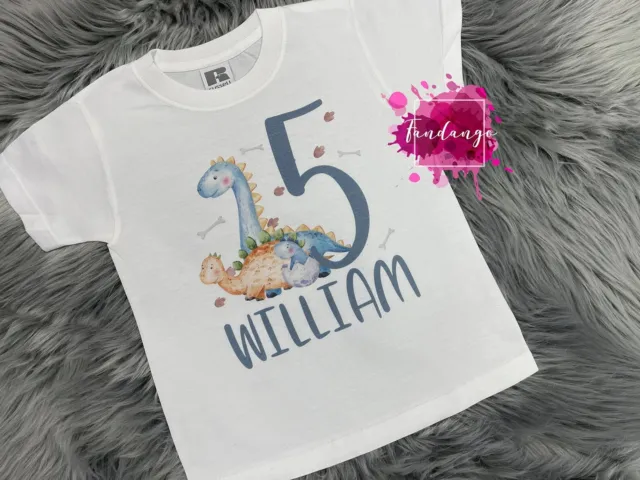 Childrens Personalised Birthday T shirt Dinosaur Dino Kids Toddler Any Name