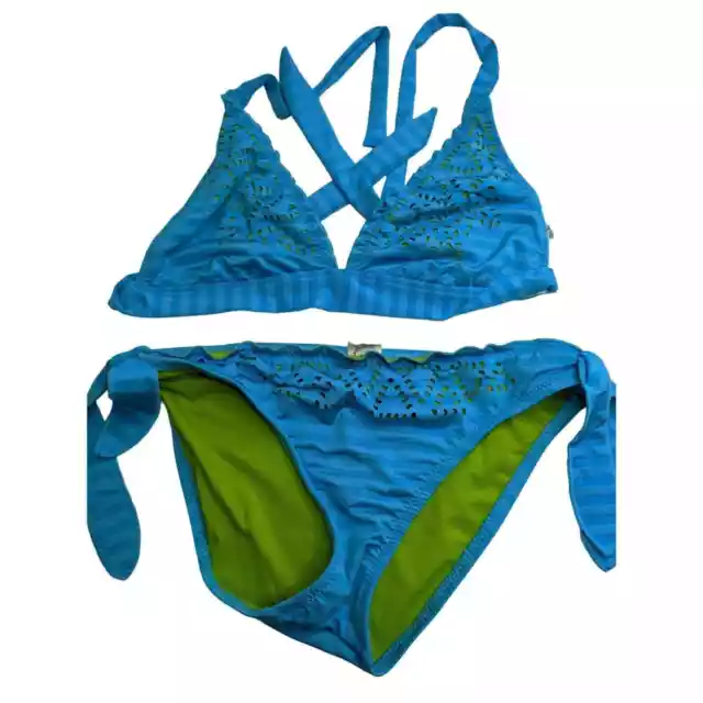 Mossimo Womens Sz S Bikini Swimsuit Set Blue Green Eyelet