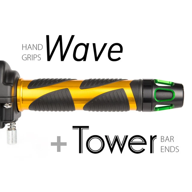 KiWAV Motorcycle Wave grips Gold with Tower Bar Ends Green/Black
