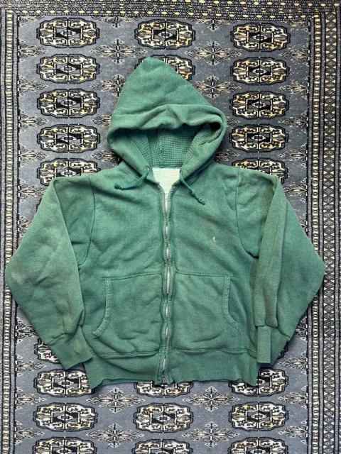 Vtg 60s Full Zip Waffle Lined Hoodie Size S Green Double Face