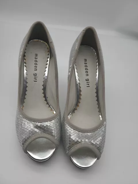 Madden Girl Luckiie Silver Sequin Pump High Heels Open Toe Prom Party Shoes 6