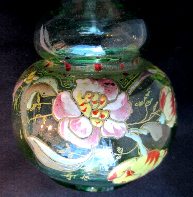 Carafe en verre vert transparent, émaillée Legras: Tulipes et rinceaux 3
