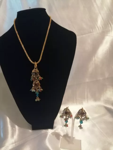 Indian Pakistani Gold Pendant And Earrings Set with multi stones.