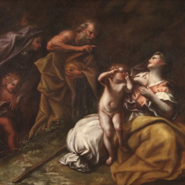 Abraham despidiendo a Agar cuadro antiguo oleo sobre lienzo pintura siglo XVII