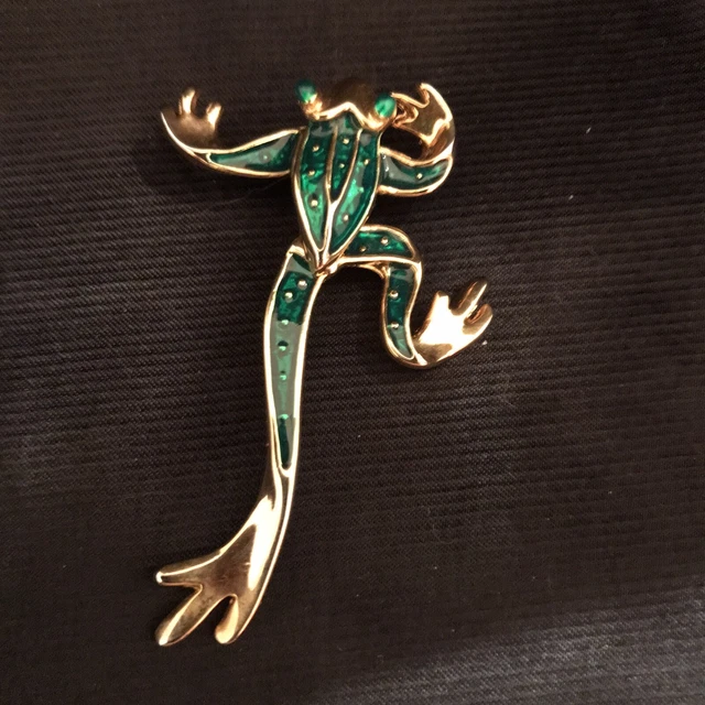 Green Frog Moveable Legs Brooch Pin Gold Tone Metal Beaded Eyes Enamel 2 1/4" L