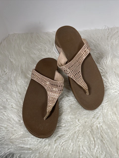 FITFLOP Incastone Thong Sandals Size 7 US Nude Pink Rhinestone Wedge L85-137