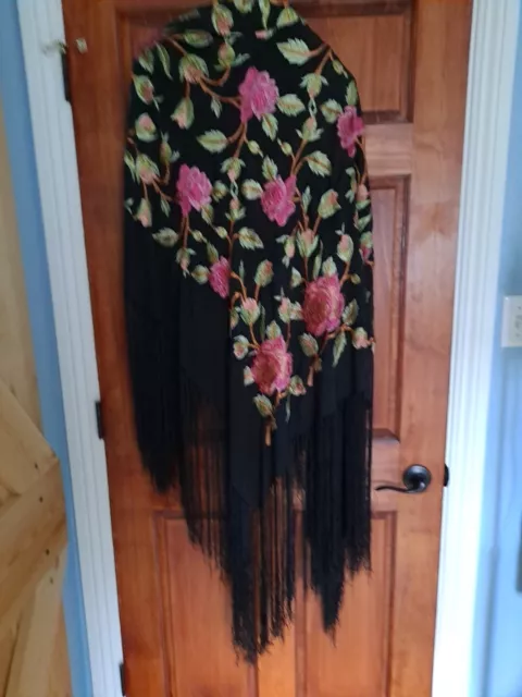 Vintage Antique Black Silk Piano Shawl Embroidered Floral  45x45" Long Fringe