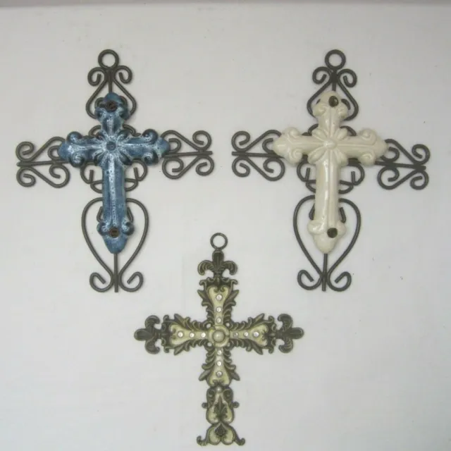 Lot of 3 Assorted Crosses Ornate Rustic Scroll Hanging Iron Metal Ceramic Enamel