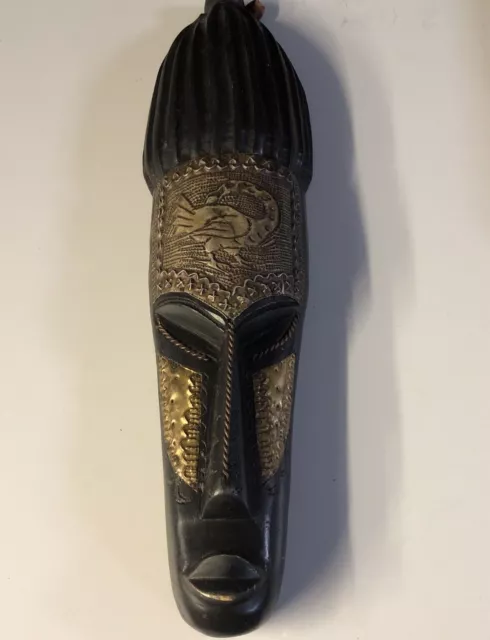 Vintage Hand Carved Mask 19” Long W/ Metal Art Panels , Ghana