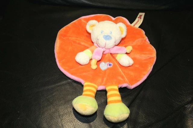 Doudou plat rond ours blanc écru orange rose NICOTOY brodé coeur rayures écharpe