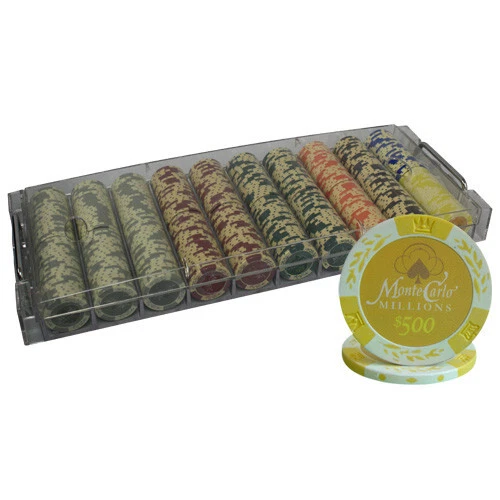 MRC POKER 500pcs 14G MONTE CARLO MILLIONS CLAY POKER CHIPS SET ACRYLIC CASE