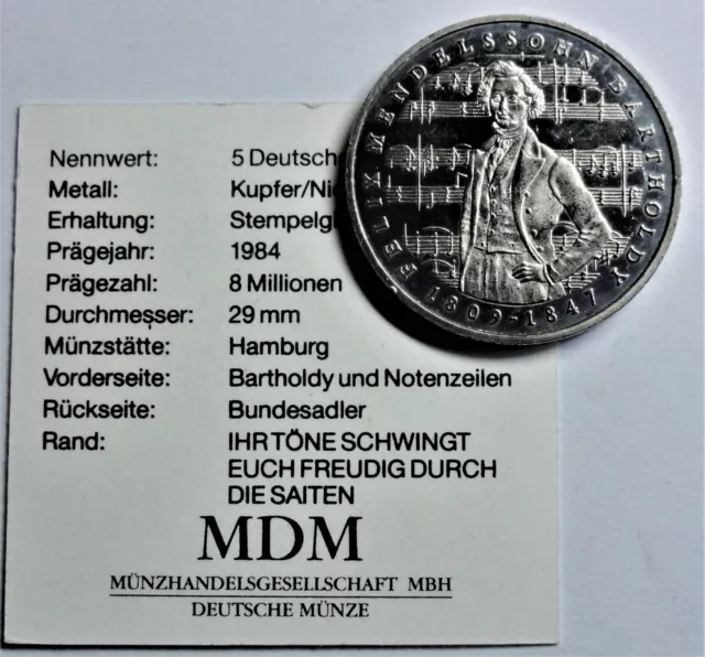 5 DM 1984 J Felix Mendelssohn Bartholdy st /unc. mit Kapsel & Zertifikat