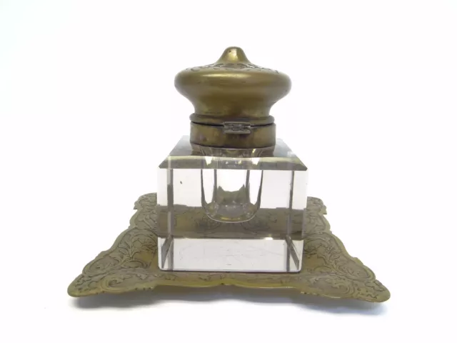 Vintage Used Old Metal Brass Glass 129 Decorative Ornate Desk Container Inkwell 3