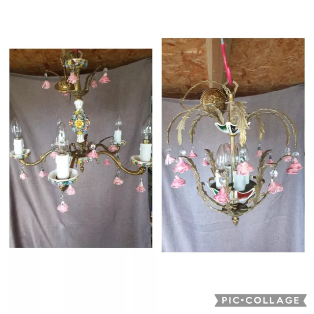 vintage brass and porcelain italian chandeliers, Capodimonte (pair)