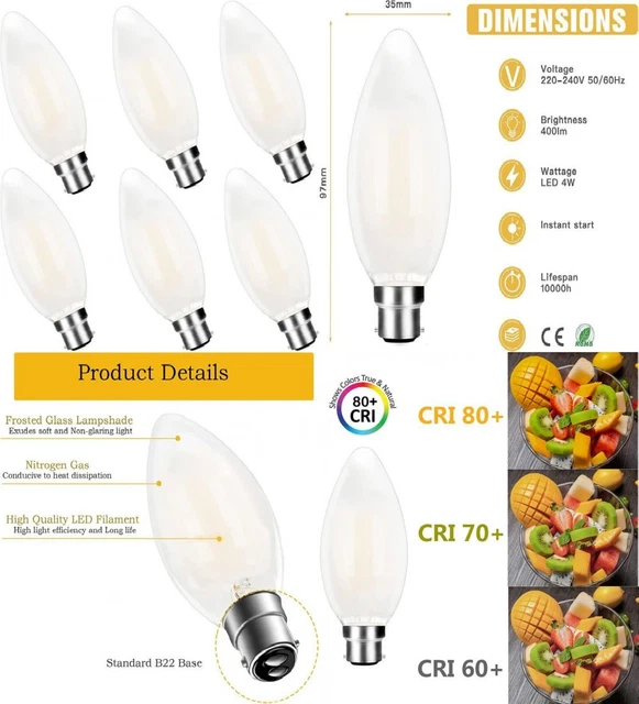 YBTOP B22 LED Bayonet Cap Bulb, 4W ( Equivalent B22-warm White-dimmable-6pack
