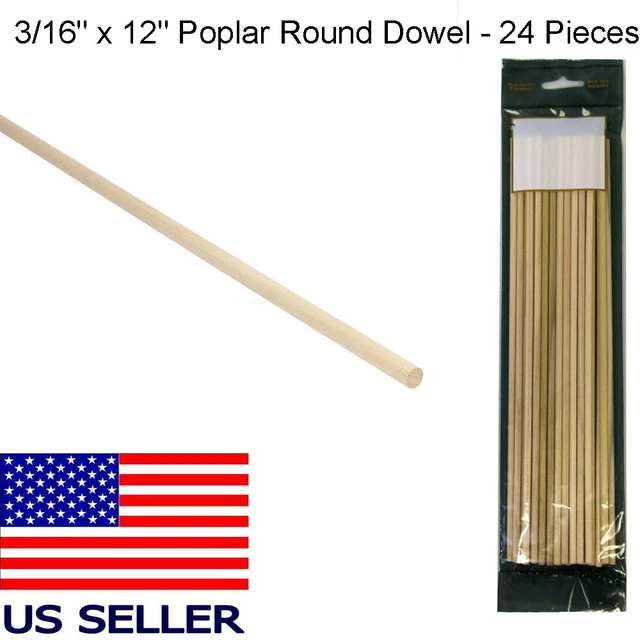 Madison Mills 3/16" x 12" Round Poplar Wood Dowels Solid USA Hardwood- 24 Pieces