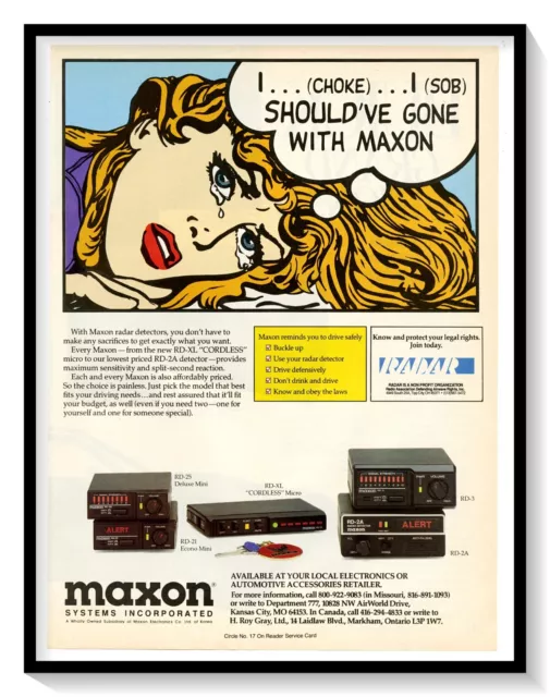 Maxon Radar Detectors Print Ad Vintage 1989 Magazine Advertisement Pop Art