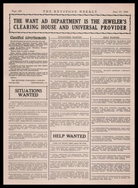 1916 Watchmakers And Jewelers Help Situations Wanted Classified Vintage Print Ad