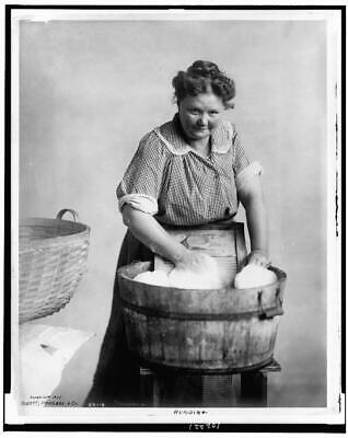 8" x 10" 1905 photo Woman doing laundry in wooden tub. Rubbing