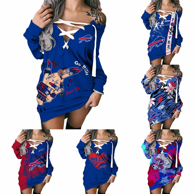 Buffalo Bills V-Neck Lace Up Hoodie Dress Womens Pullover Sweatshirt Dress Gift
