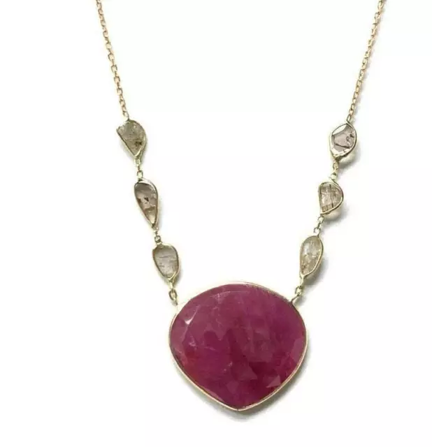 925 Sterling Silver Ruby Gemstone & Slice polki Diamond Jewelry Fine Necklace