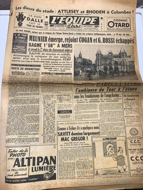 journal l'équipe du 20/07/50 CYCLISME TOUR DE FRANCE 1950 BERNARD GAUTHIER