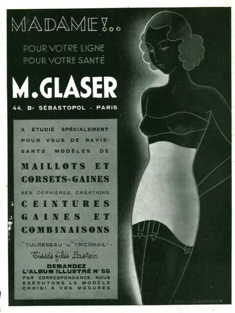 Publicité ancienne corset gaine M. Glaser 1937 issue de magazine