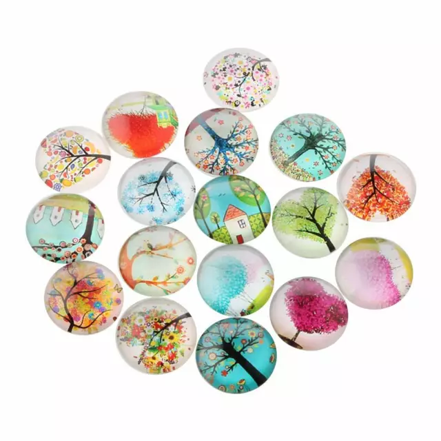 10x Tree Printed Half Round Glass Cabochons Mixed Color 15x4mm Dome Beads