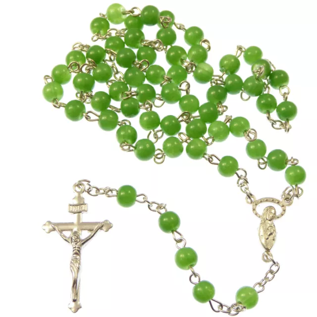 Verde Giada Stile 6mm Perline Vetro Rosari Collana Cristiano Argento