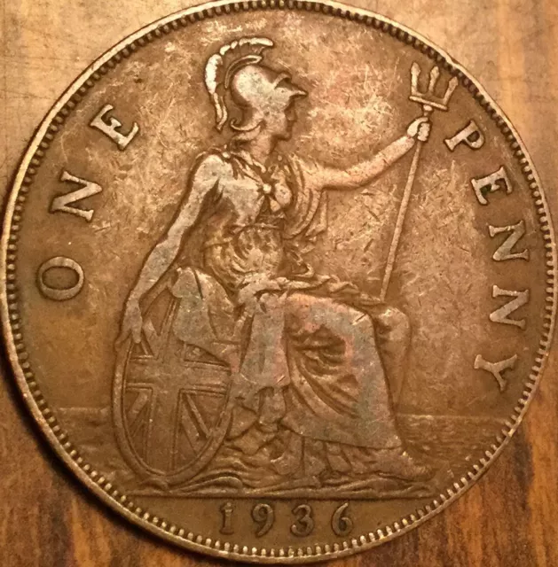 1936 Uk Gb Great Britain One Penny Coin