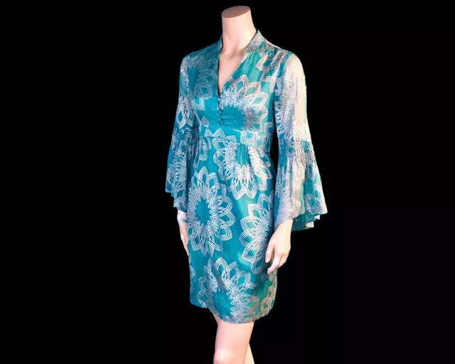 NANETTE LEPORE Bell Sleeve SILK Dusty Turquoise Blue & Silver Flocked Dress 6 2