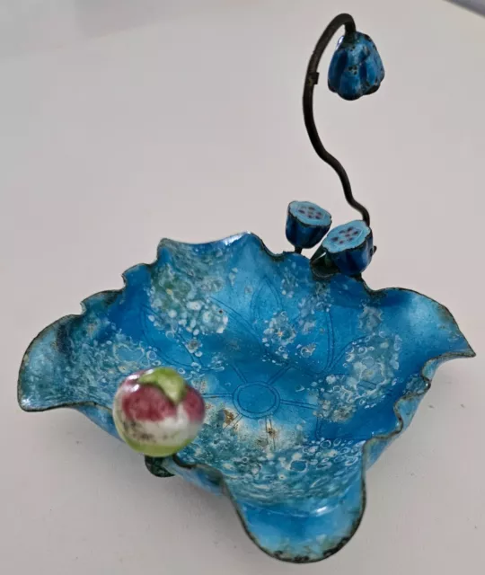 Vintage Chinese Emerald Blue Enamel Lotus Leaf Ashtray
