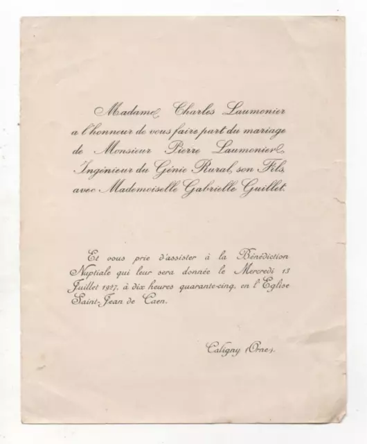 Original French Wedding Notice - Gabrielle Guillet & Pierre Laumonier - 1927