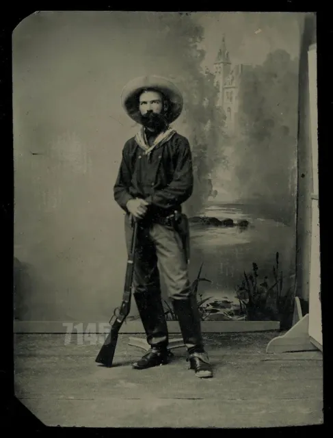 Excellent 5" x 3 5/8" Tintype of a Cowboy / Western Dude with Rifle 1880s Photo