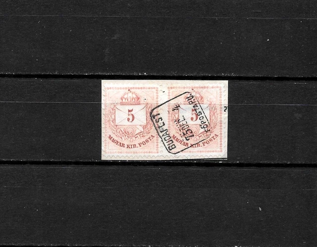 Hungary pair 5 kr 1874 issue P13 stp on p card sheet CENTRAL BUDAPEST FÖPOSTA PU