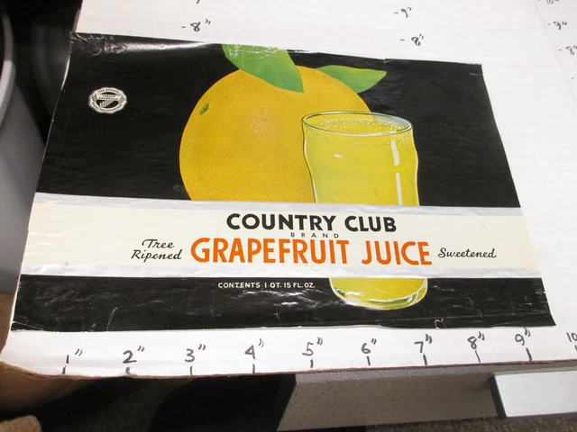 COUNTRY CLUB Kroger grapefruit juice 1930s metal tin can food large paper label