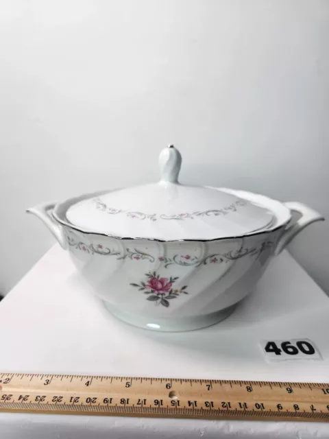 Royal Swirl Fine China Casserole Server Japan Vintage Handles White Floral