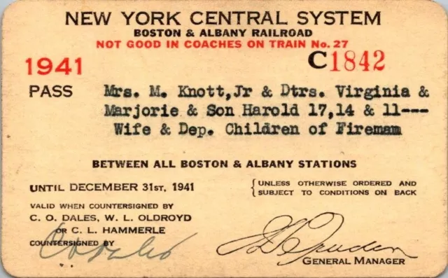 1941 New York Central Lines Railroad Pass - Fireman