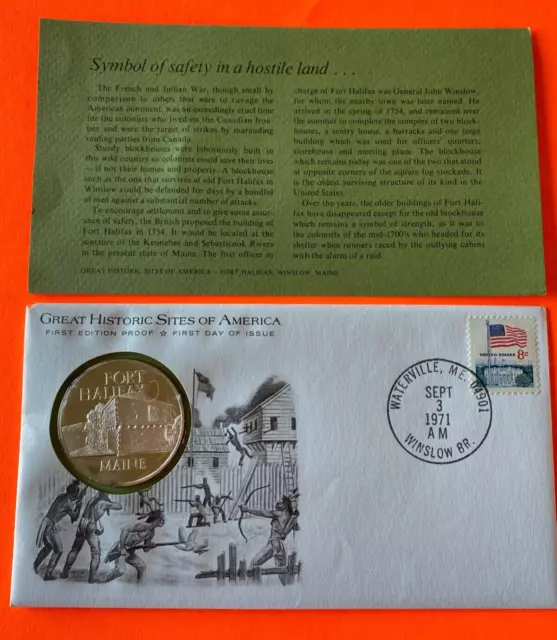 Sterling Silver Proof Coin 1971 Historic Sites 1st Day Cover Fort Halifax Maine