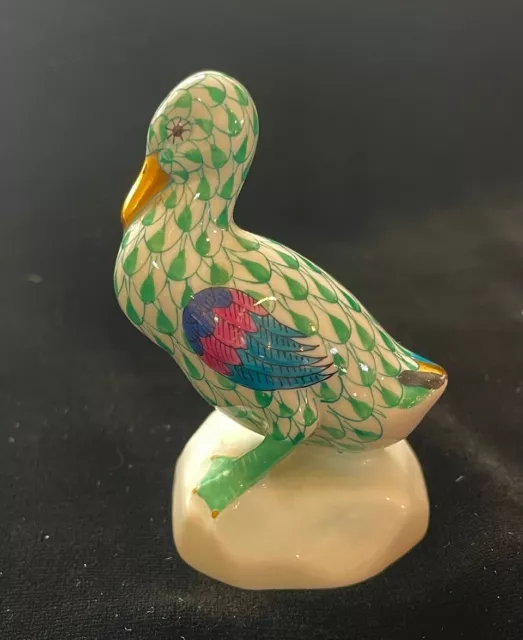 Herend Handpainted Green Fishnet Standing Duck Figurine - Collectible