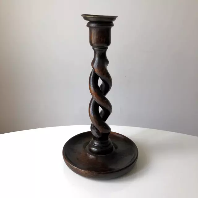 Antique English Oak Open Barley Twist Candlestick Candleholder Brass