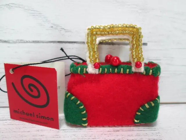 Michael Simon Red Christmas Purse Ornament Green Felt Gold Bead Mini New Gift