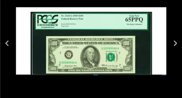 GEM LOW SERIAL # Fr. 2164-G $100 1969 Federal Reserve Note. PCGS Gem New 65PPQ