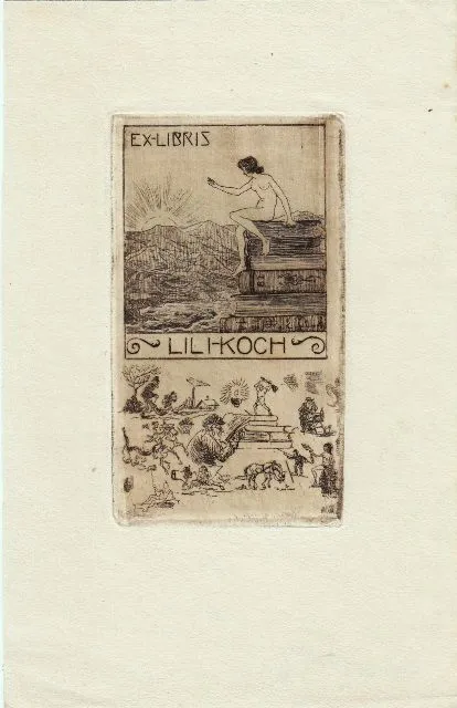 Exlibris Bookplate Radierung Fred Dobrowolny Frauenakt Folianten Gebirge