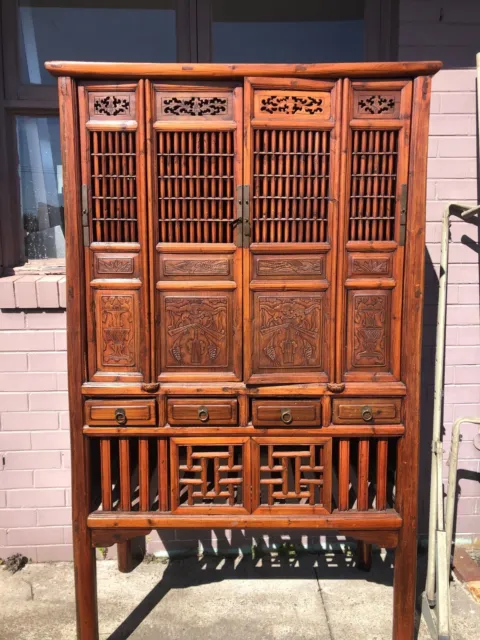 Chinese Asian Large Wooden Carved Cabinet Reproduction Antique
