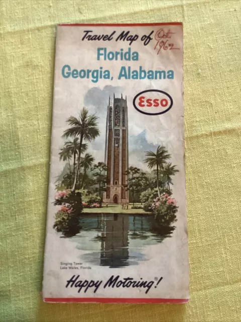 Vintage Used 1962 ESSO Road Map FLORIDA GEORGIA ALABAMA Lake’s Esso Service