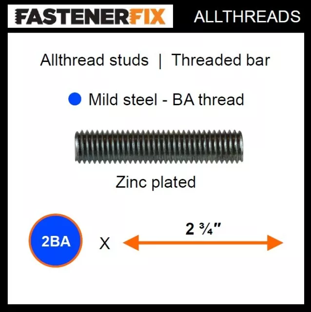 2BA x 2 3/4" long allthread mild steel studs, threaded bar zinc plate (250 pack)